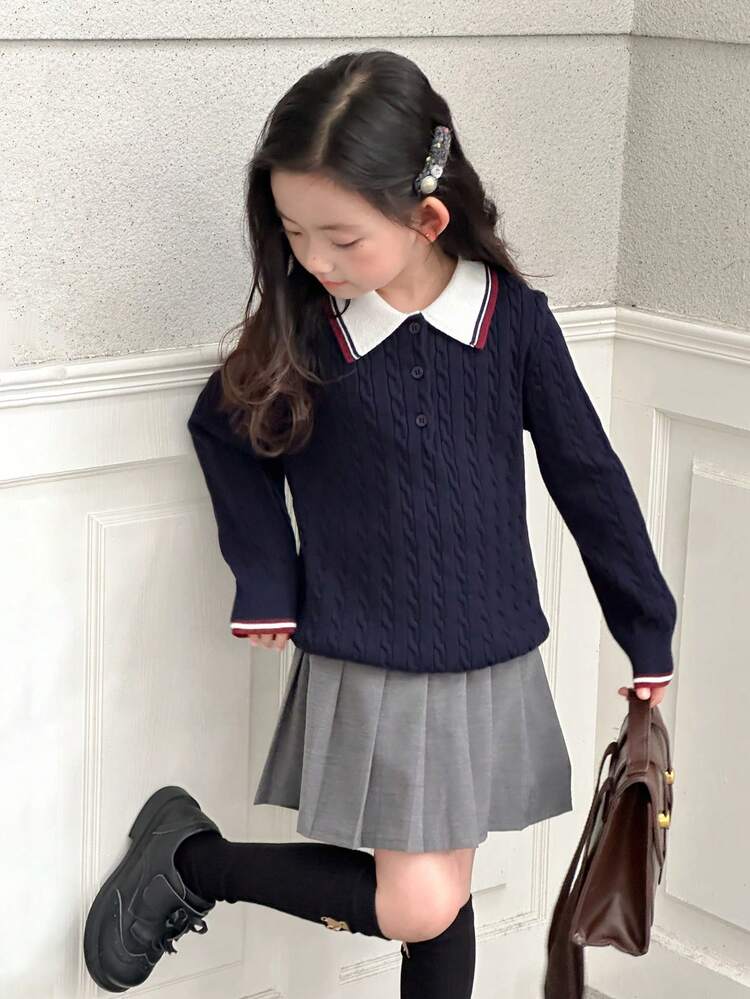 Young Girl Contrast Color Polo Neck Long Sleeve Casual Loose Sweater