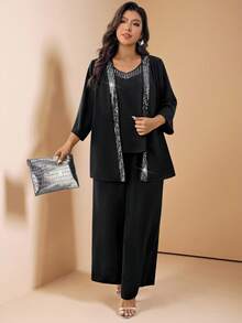 SHEIN LUNE 三件套亮片拼接无袖上衣、七分袖外套和裤子，大码派对套装 - 黑色 - 查看 1
