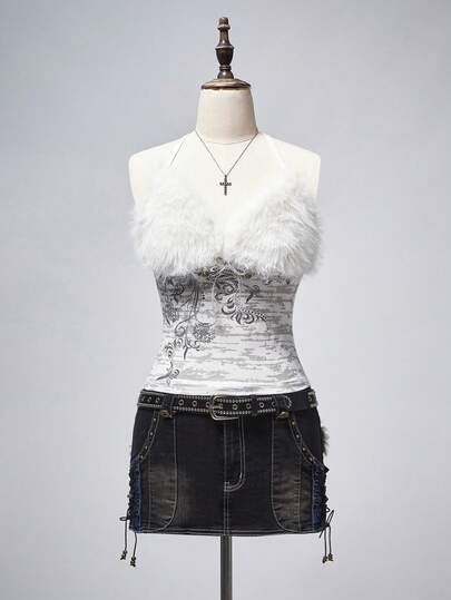 Grunge Punk Camiseta de tirantes finos con parches de estilo vintage Y2K para mujer