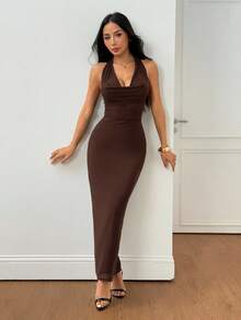 SHEIN PETITE Đầm dài cổ xếp ly lưới trơn màu thanh lịch dành cho nữ, phong cách nghỉ dưỡng, thích hợp cho kỳ nghỉ thu/đông - màu nâu - Xem 7