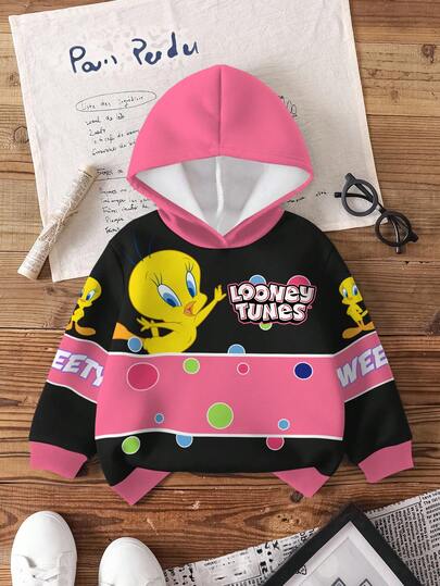 LOONEY TUNES X SHEIN Áo nỉ họa tiết hoạt hình phối màu năng động cho bé gái, thích hợp cho mùa thu.