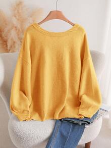 CosyJoli Suéter holgado de talla grande con cuello en V, lazo y espalda suelta - Amarillo - Ver 2