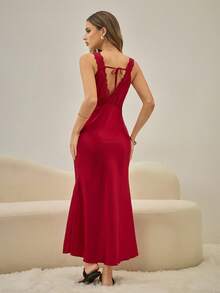 HautHeat Women's Solid Color Lace Patchwork Elegant Backless Sleeveless Nightgown - Burgundy - View 2