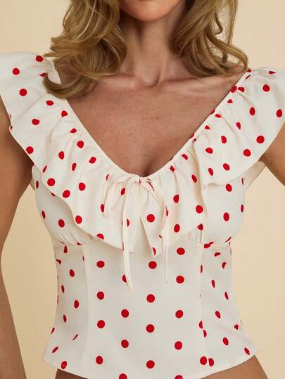COSMINA Women's Elegant Ruffle V-Neck Polka Dot Blouse, Versatile For Dates, Parties, All Seasons, Polka Dot Top, Tie Front Top, Ruffle Top, Women's Top, Bow Detail Top