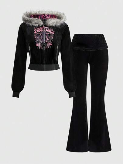 Grunge Punk Conjunto de sudadera con capucha y pantalones acampanados de peluche con parches de estampado de leopardo y rhinestones