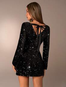 Avantive Women's Black Winter 70's Night Out Party Disco Sequin Mini Dress,Backless Open Back A-Line Bodycon Fitted Y2k Dress,Western Country Concert Outfit - Black - View 9