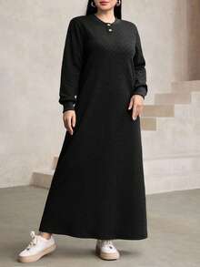 Modelyn 女士休闲宽松纹理面料圆领长连衣裙，藏蓝色，秋冬款 - 黑色 - 查看 8