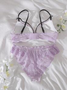 DelicateAllure Set de 2 sujetadores con aros y relleno, push up, con bloqueo de color, parches de encaje, volantes, encaje floral, lindo y fresco conjunto de lencería cómoda tipo balconette para mujeres - Púrpura malva - Ver 2