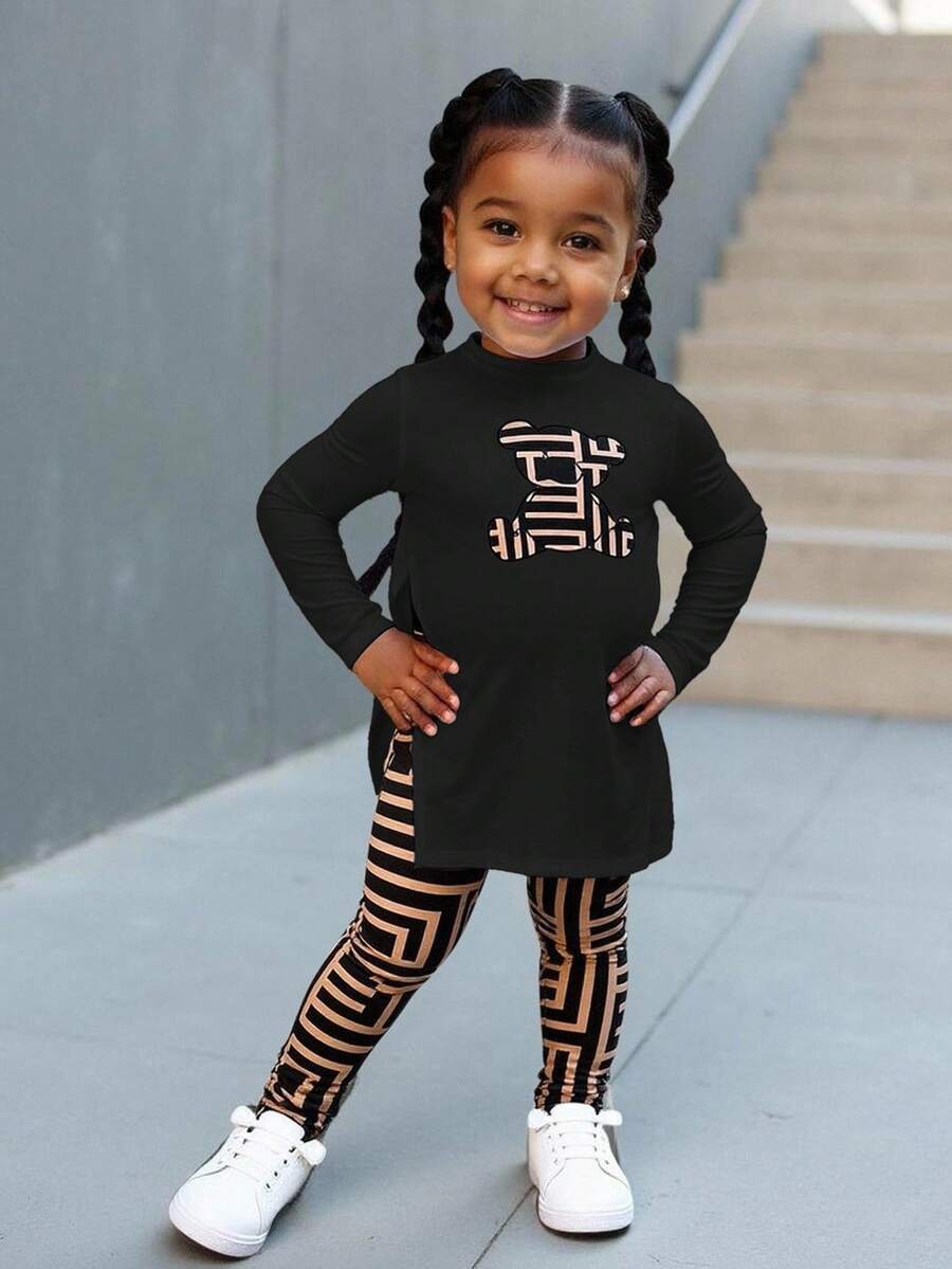Baby Girl Casual Knit Bear Print Long Sleeve Top And Geometric Pattern Leggings Set - Black - View 1