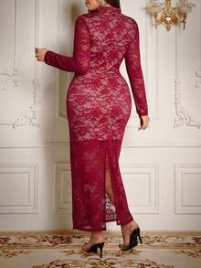 Roveilla Plus Size Women's Elegant Burgundy Autumn Lace Bodycon Maxi Dress,V-Neck Hollow Twist Luxury Cocktail Party Birthday Evening Curve Dress - Burgundy - View 2