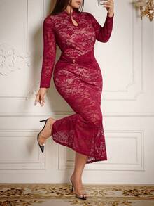 Roveilla Plus Size Women's Elegant Burgundy Autumn Lace Bodycon Maxi Dress,V-Neck Hollow Twist Luxury Cocktail Party Birthday Evening Curve Dress - Burgundy - View 6
