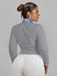 Xyvia Knitted Cardigan With Contrast Color Collar, Versatile Stylish Jacket, Ribbed Knit Fabric - Light Grey - View 2