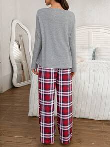 Moonlight&Mama 2pcs Maternity Sleepwear Set: Contrast Lace Crew Neck Long Sleeve Top And Plaid Print Pants, Winter - Light Grey - View 2