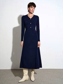 SHEIN Stylify V-Ausschnitt Knopf Taille anliegendes Strickkleid mit Langarm, eleganter französischer Stil für Herbst/Winter - marineblau - Übersicht 7