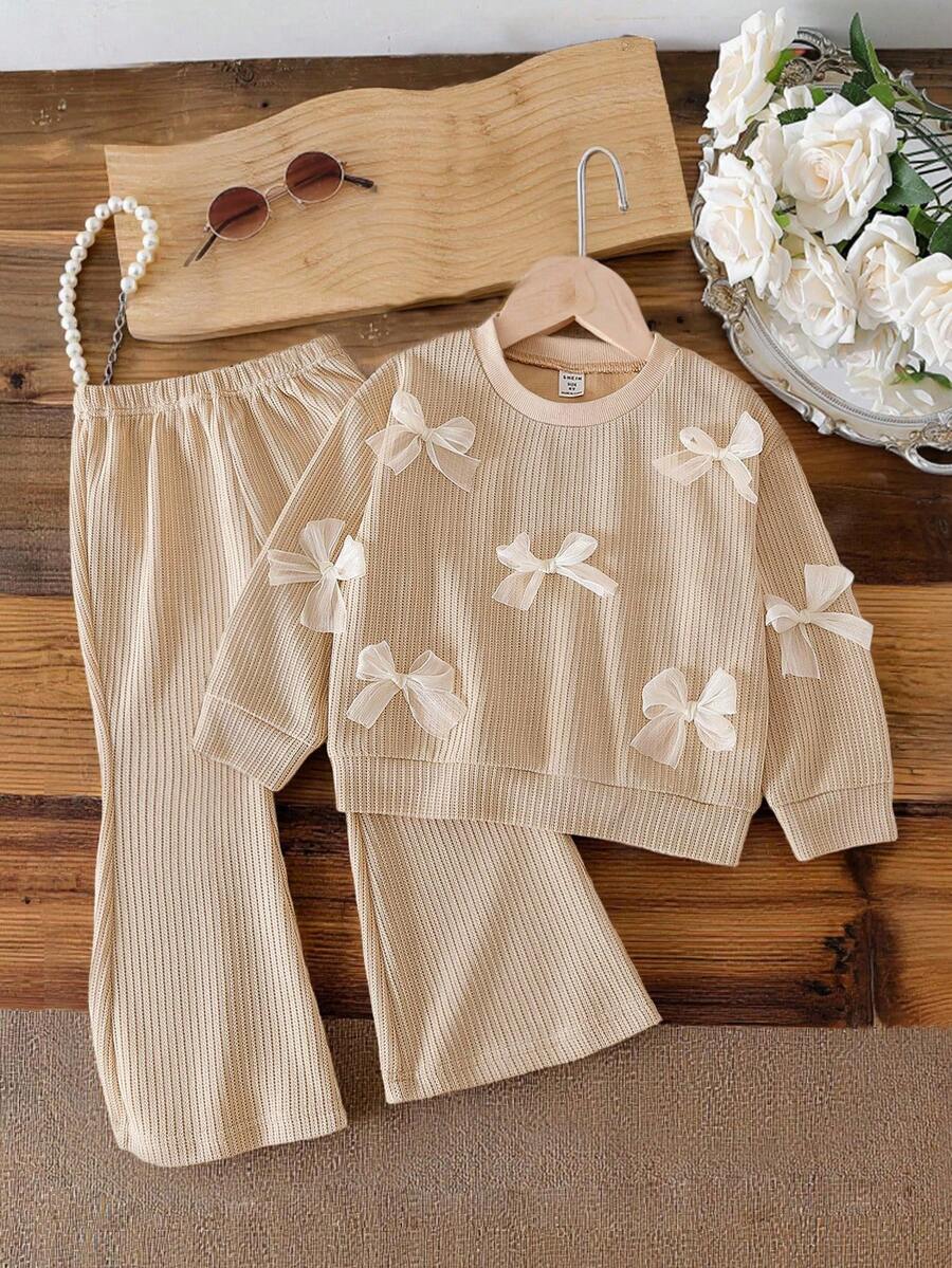 2件套大女童杏色蝴蝶结装饰圆领长袖上衣搭配同款长喇叭裤，温柔甜美优雅慵懒秋冬 - 杏色 - 查看 1