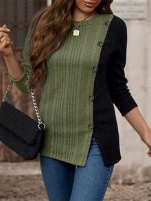 EMERY ROSE Damen Große Größen Kontrast-Farbiges Rundhals Langarm Knopf Design Lässig Rippstrick T-Shirt - Grün - Übersicht 4