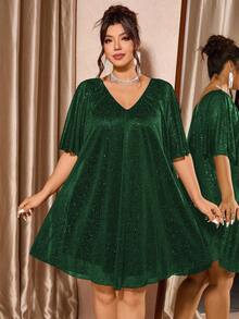 Cravure 大码女士优雅修身露肩亮片装饰网纱拼接纯色披肩袖长款派对连衣裙 - 綠色 - 查看 3