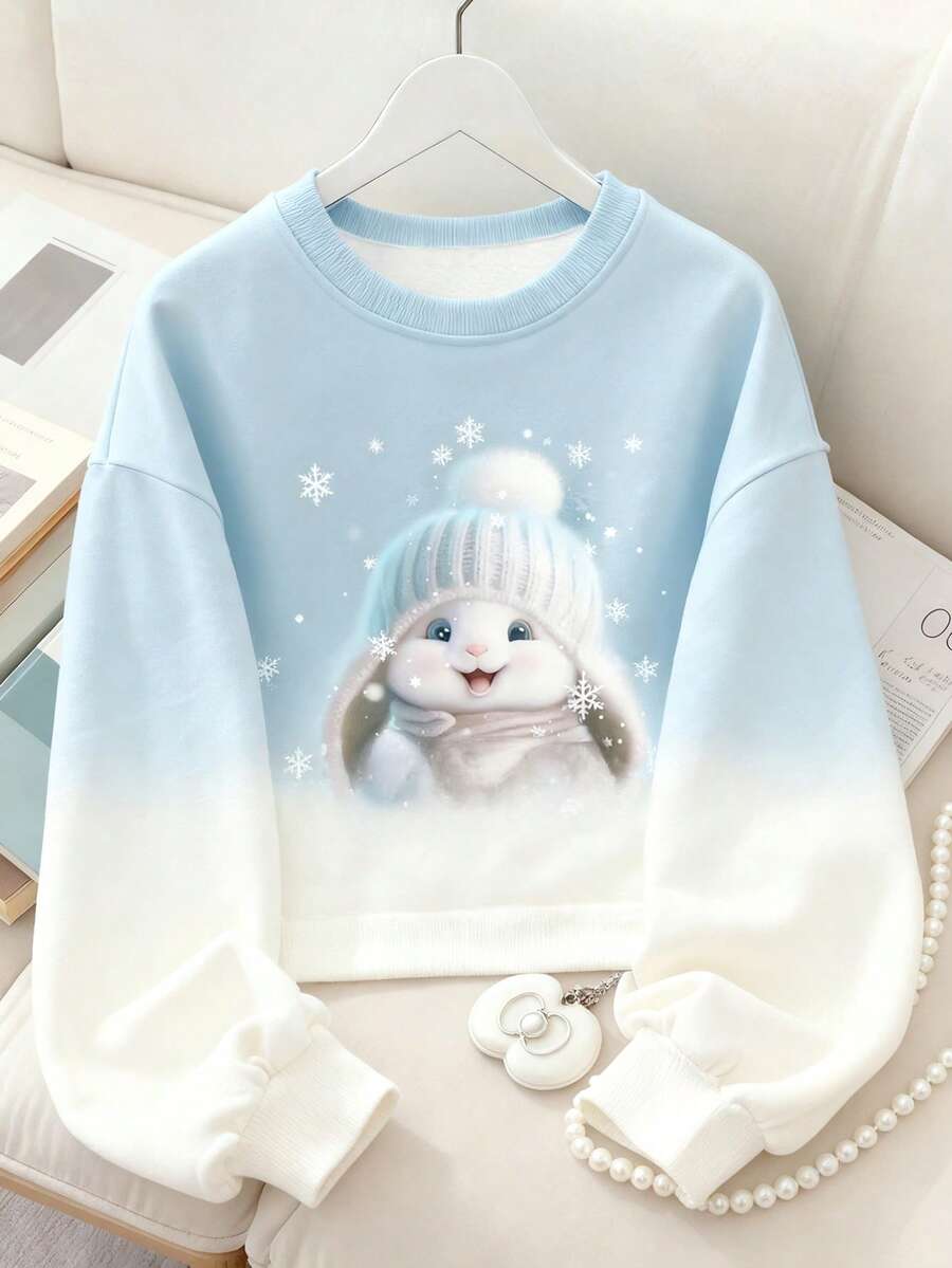 Resyla 可爱雪人渐变蓝色数码印花时尚简约女款圆领长袖卫衣，送朋友的礼物，秋冬季 - 白色 - 查看 1