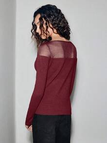 Lumivelle Women's Elegant Fashionable Minimalist Fitted Organza Semi-Sheer Off-Shoulder Sweater, Versatile For Autumn/Winter - Burgundy - View 2