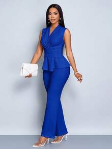 SOLERSUN 女款杏色优雅V领长袖T恤阔腿裤两件套不对称下摆两件套日常休闲女装春夏无袖短袖 - 寶藍色 - 查看 7