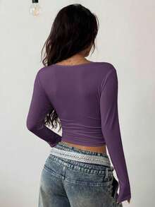 Coolane Women's Winter Streetwear Minimalist Y2K Basic Daily Wear Casual Gyaru Stretchy Comfortable Bustier Square Neck Purple Long Sleeve Tees - Purple - View 6