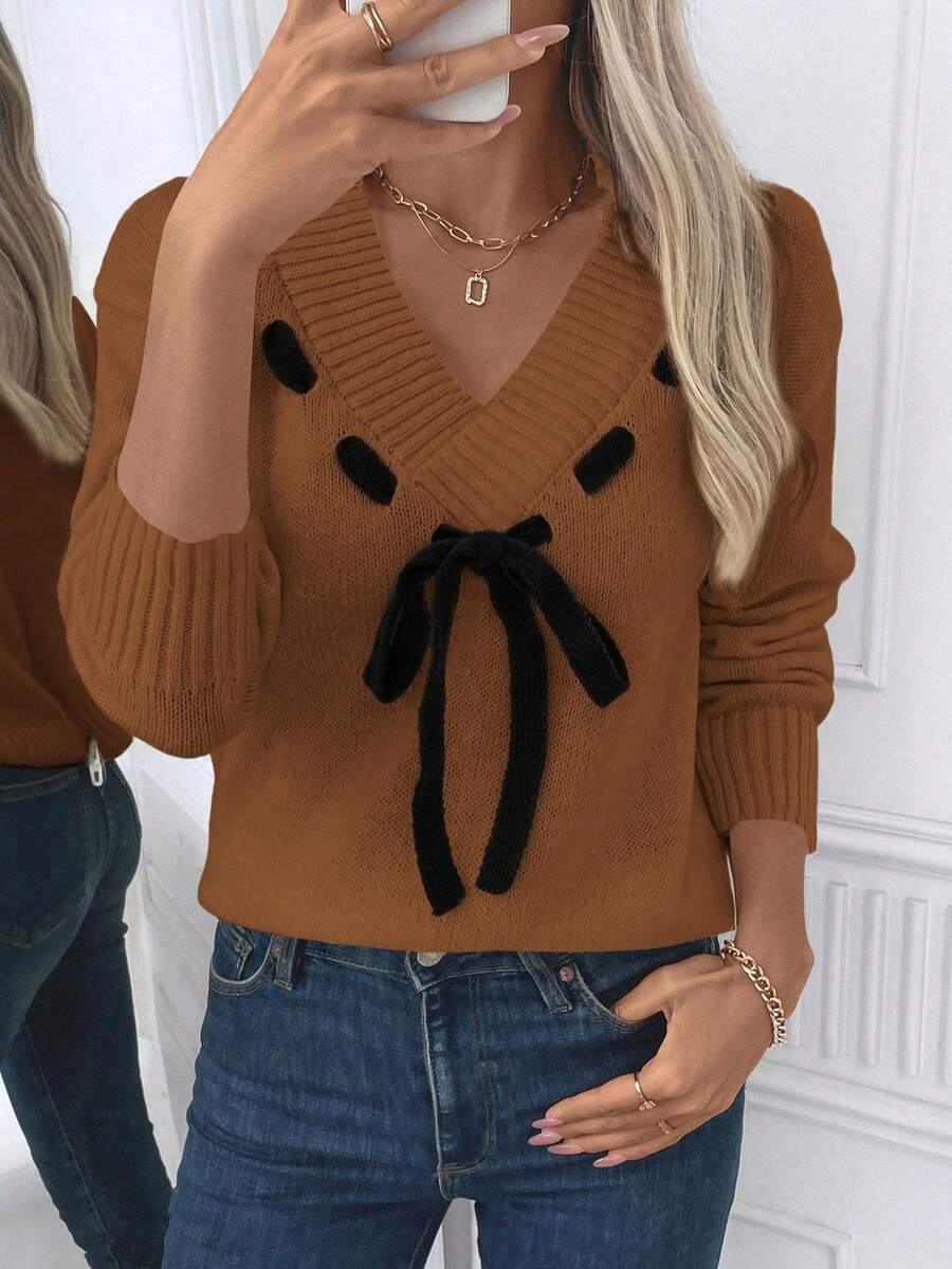 EMERY ROSE Áo len trễ vai buộc dây thường ngày cho nữ, Thu/Đông - Đỏ - Xem 1