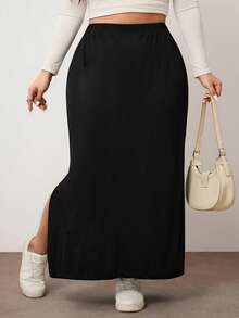 Enliva Plus Size Fitted Simple Solid Color Split Hem Stretchy Casual Pencil Skirt, For Apple Rounded Body Shape, For Body Shape, For Summer - Black - View 3