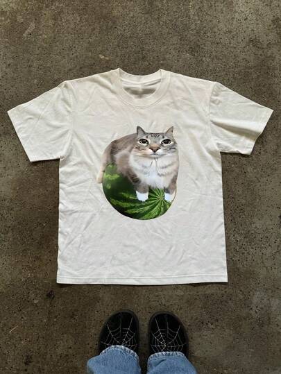 Glimmora Camiseta casual de mujer de manga corta con cuello redondo y estampado de gato