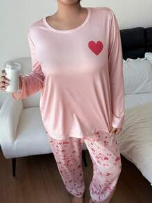 SHEIN Casual Underwear&Sleepwear 大码爱心印花长袖睡衣套装，冬季服装 - 彩色 - 查看 6