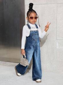 SHEIN 年轻女孩藏蓝色口袋阔腿宽松休闲牛仔背带裤 - 中等水洗藍 - 查看 4