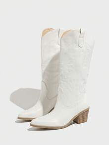 Daringsoles 女式尖头粗跟一脚蹬白色西部靴，绒面刺绣及膝马靴，适合秋冬 - 白色 - 查看 6