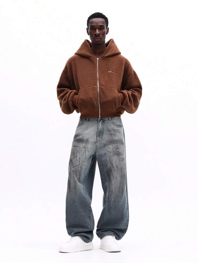 SUMWON Regular Men's Oversized Sherpa Full-Zip Hoodie With Centre Pocket Teddy Bear Fleece Jacket Winter Casual Streetwear Plain