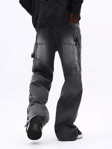 SUMWON Loose Fit Flare Carpenter Jeans With Applique Details And Frayed Hem For Relaxed Street Style Plain - Blue - View 3