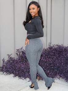 Steph T Casual Home Elastic Waist Ribbed Fluffy Ankles Slit Flared Pants, Navy Blue - Dark Grey - View 5