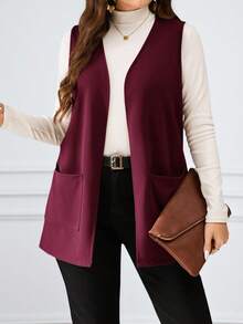 Miaspire Chaqueta casual suelta de unicolor sin mangas con bolsillo, para primavera/verano en otoño/invierno, talla grande - Burdeos - Ver 4