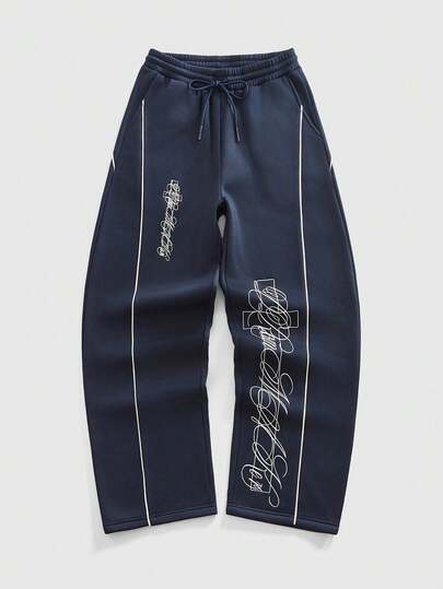 Street Life Herren Hose mit geschwungener Messer-Logo-Schrift, Kordelzug Taille, Lässig