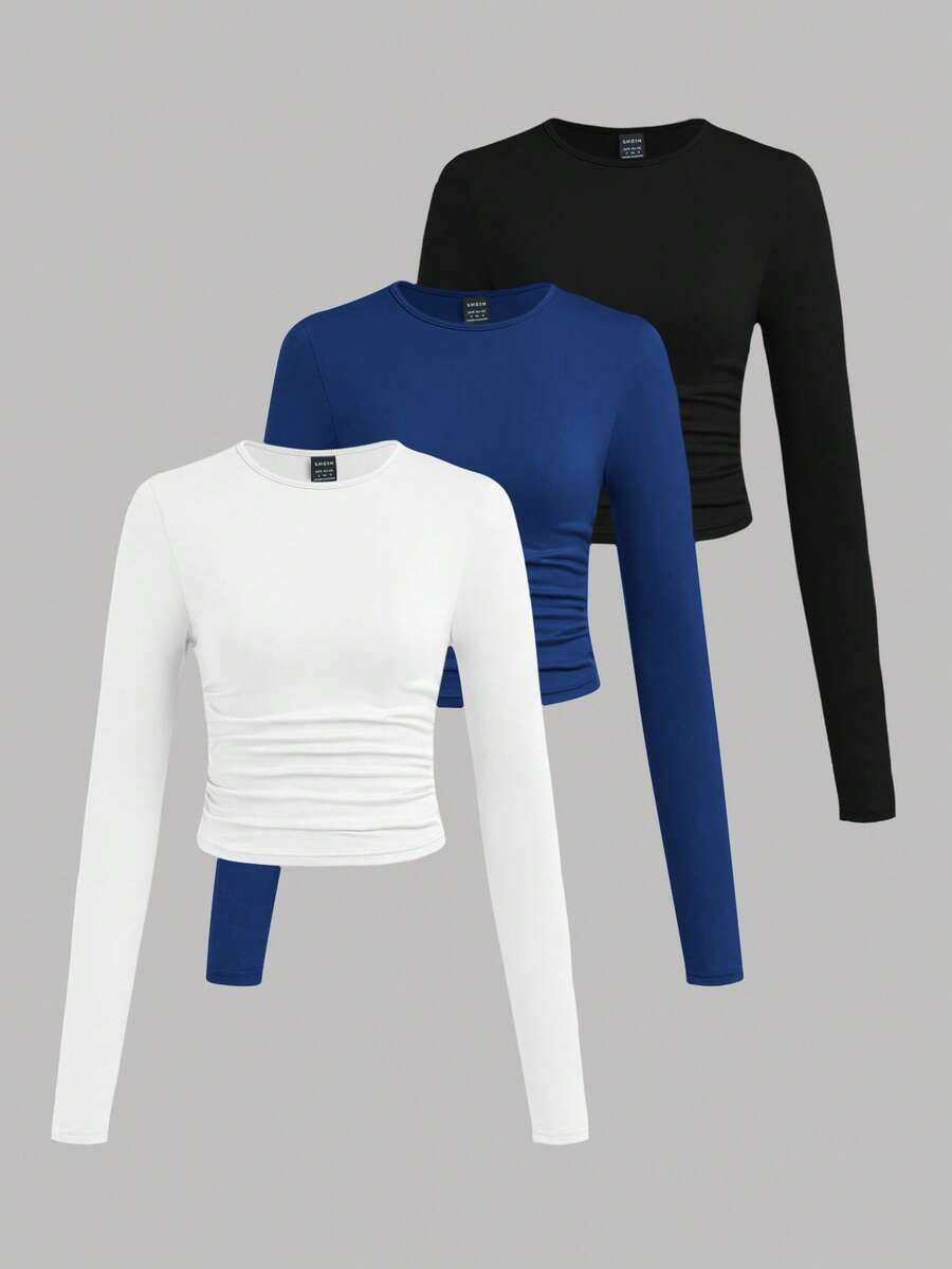 SHEIN EZwear 3件套女士休闲纯色圆领褶皱长袖T恤,秋冬季 - 彩色 - 查看 1