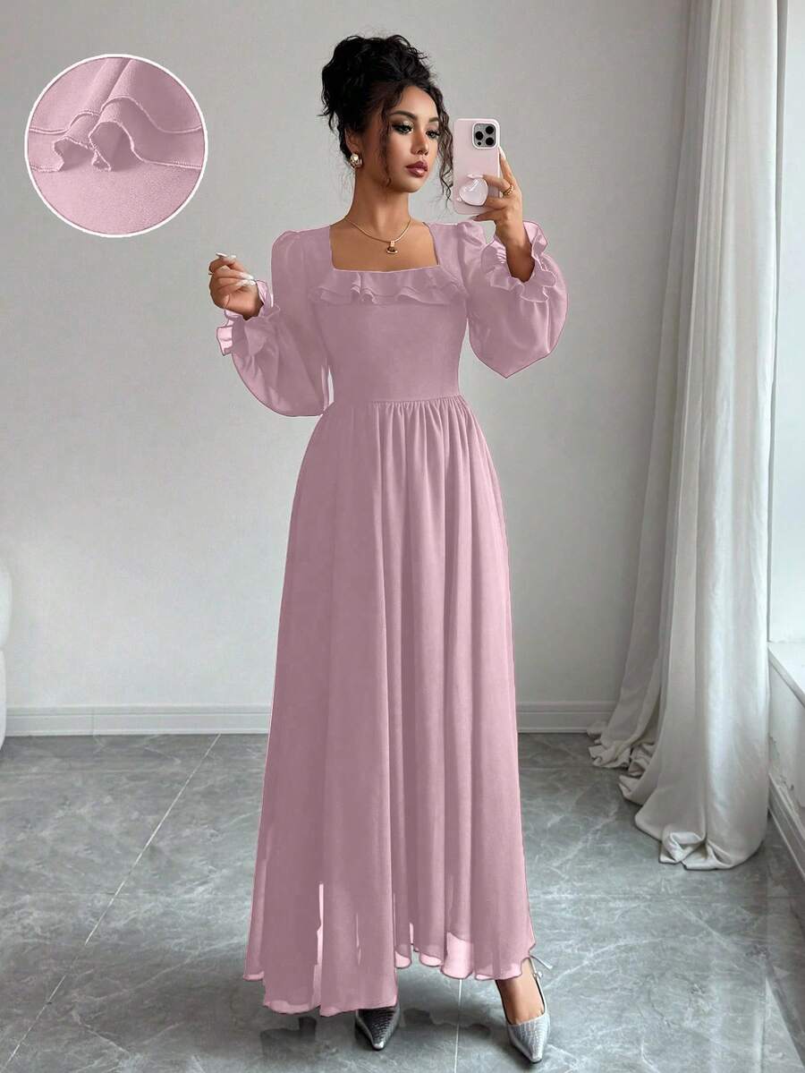 Modelyn French Style Waist Cinching Square Neck Ruffle Hem Dress - Pink - View 1