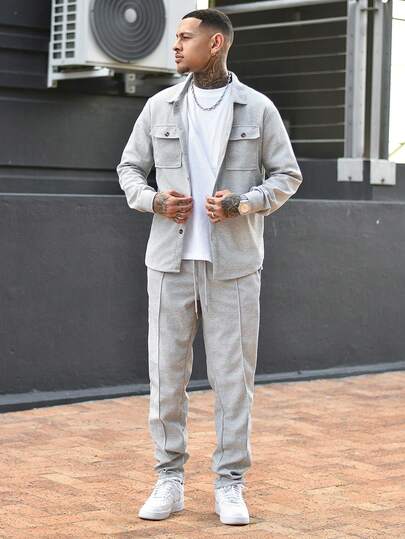 Devon Thys Conjunto de 2 peças de camisa casual masculina de cor sólida com dois bolsos e gola + calça, roupa esportiva leve para férias, primavera/outono