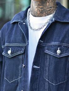 Devon Thys Men's Fashionable Casual Street Style Denim Jacket, Versatile Young Streetwear College Jacket, Fall - Dark Wash - View 4