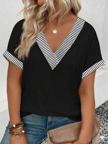 Selamara 新款大码女式时尚条纹领V领宽松短袖T恤 - 黑色 - 查看 1