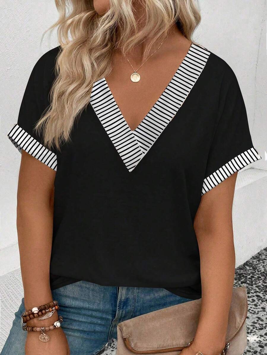Selamara 新款大码女式时尚条纹领V领宽松短袖T恤 - 黑色 - 查看 1