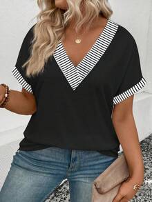 Selamara 新款大码女式时尚条纹领V领宽松短袖T恤 - 黑色 - 查看 4