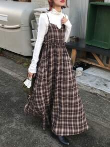 FRIFUL 女士休闲日常通勤学院风印花拉链前开襟纸袋腰吊带中长连衣裙，春夏秋季连衣裙