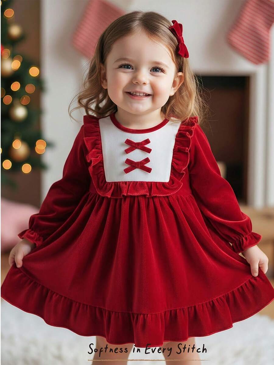 Cozy Pixies Đầm dự tiệc Giáng sinh tay dài phối ren bèo nhún nhiều màu sắc cho bé gái, thoải mái, đa năng, thời trang, dễ thương, thanh lịch, thích hợp mặc trong nhà, ngoài trời, hàng ngày, thể thao, vui chơi, tiệc tùng vào mùa thu/đông - Nhiều màu - Xem 1