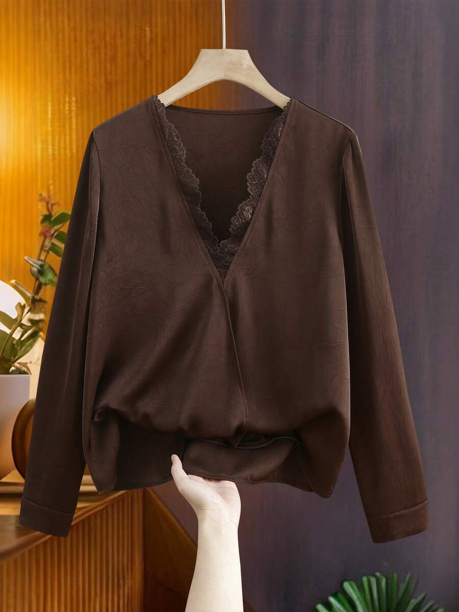 SHEIN Unity Women's Autumn New Arrival Coffee Color Lace Patchwork Loose V-Neck Long Sleeve Blouse Top,Spring, Valentine's Day, Elegant, Vacation, Casual - Brown - View 1
