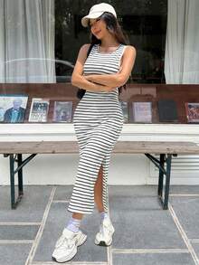 SHEIN EZwear 女式条纹侧开衩露背休闲连衣裙 - 黑與白 - 查看 6