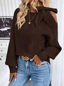SHEIN LUNE Fashionable Solid Color Off-Shoulder Tie-Up Sweater, Versatile For Autumn/Winter - Coffee Brown - View 6