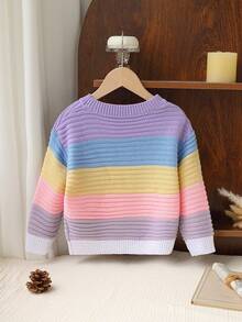 SHEIN Genkimix Kids 女童休闲撞色圆领宽松毛衣，秋冬女童毛衣，儿童秋冬服装，儿童套头衫，女童套头衫，女童毛衣，女童套头衫，女童服装，秋冬服装，女童毛衣，女童套头衫，女童服装，秋冬服装，女童针织毛衣，女童针织上衣，女童套头衫，女童长袖服装 - 彩色 - 查看 2