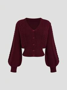 Sweetra Women's Twist Rope Lantern Sleeve Slim Fit Cardigan Sweater, Autumn/Winter - Burgundy - View 1